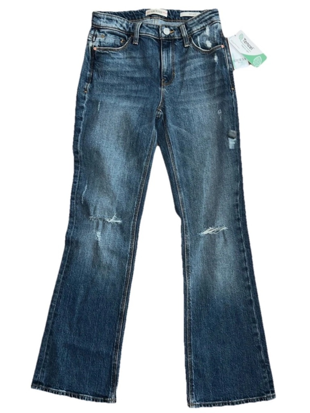 Guess Women's Dark Blue Distressed Boot Cut Flare Jeans Tencel